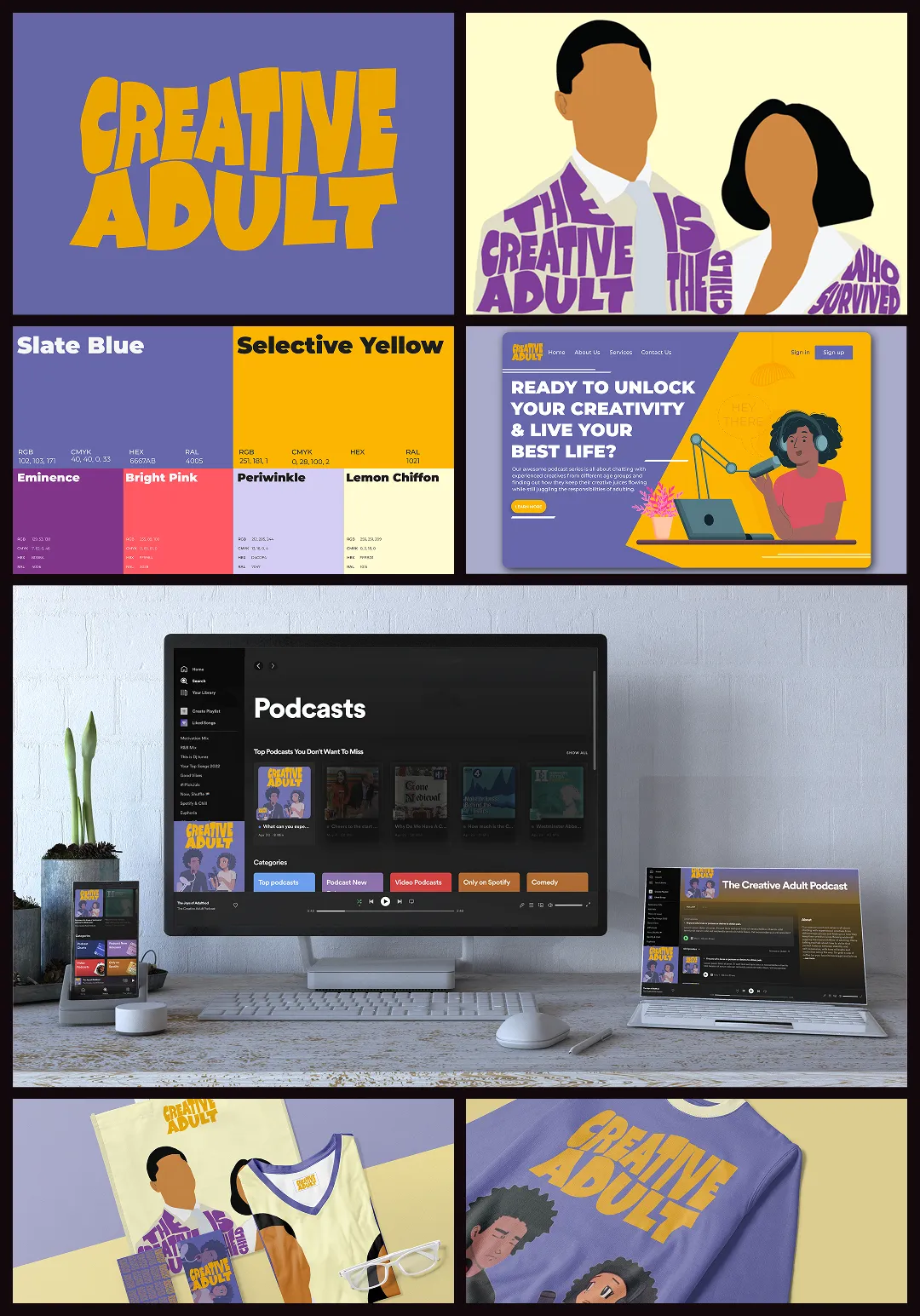 Creative Adult brand identity — logo, palette, podcast covers and social templates